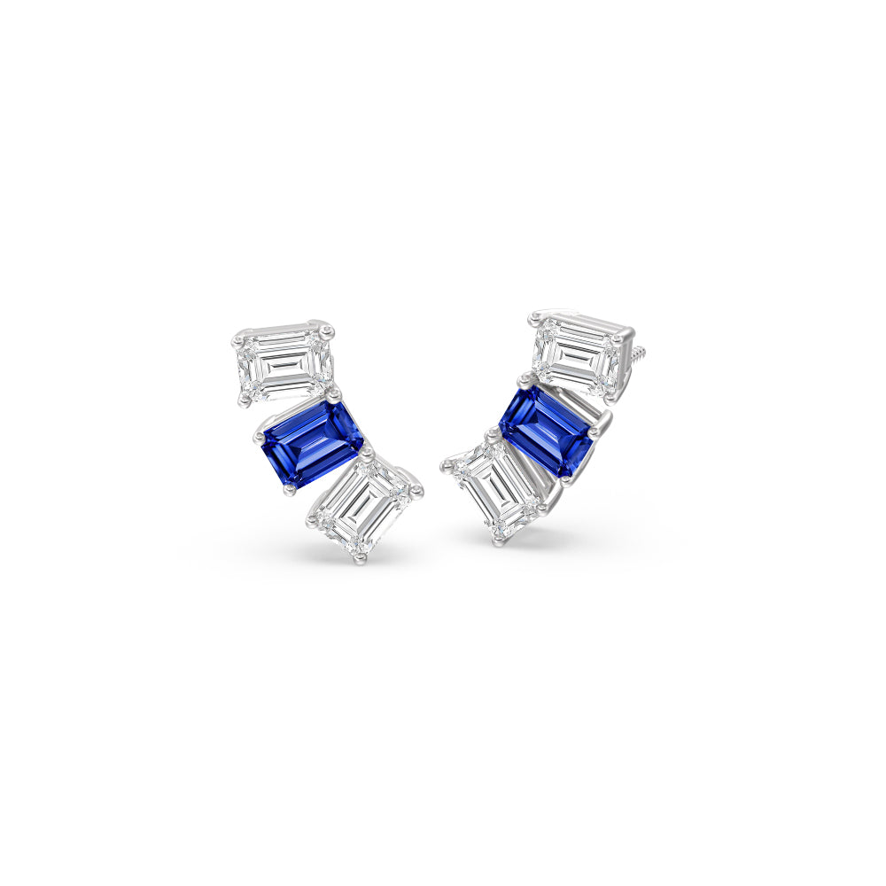 Trilogy Emerald Cut Diamond And Created Sapphire Climber Earrings with 14KT White Gold Cut Diamond in 14KT White Gold view 1
