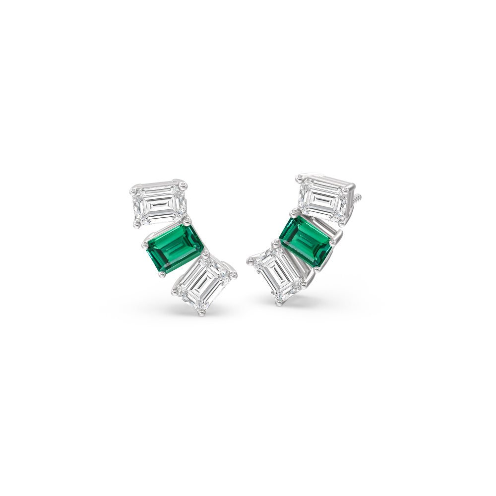 Trilogy Emerald Cut Diamond And Created Emerald Climber Earrings with 14KT White Gold Cut Diamond in 14KT White Gold view 1
