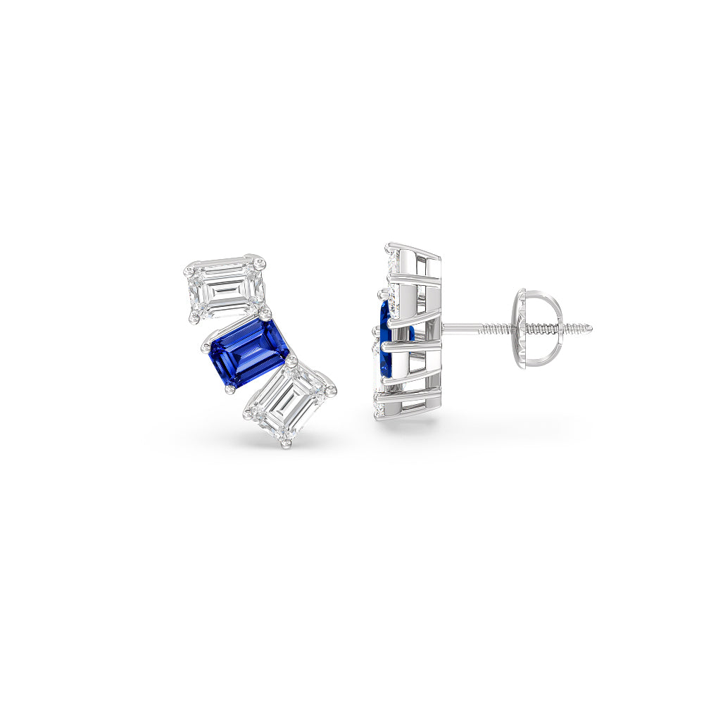Trilogy Emerald Cut Diamond And Created Sapphire Climber Earrings with 14KT White Gold Cut Diamond in 14KT White Gold view 2
