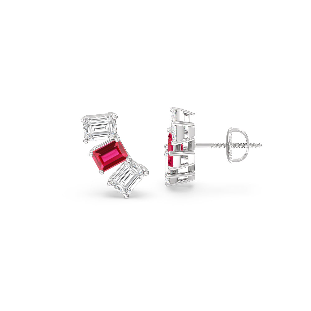 Trilogy Emerald Cut Diamond And Created Ruby Climber Earrings with 14KT White Gold Cut Diamond in 14KT White Gold view 2
