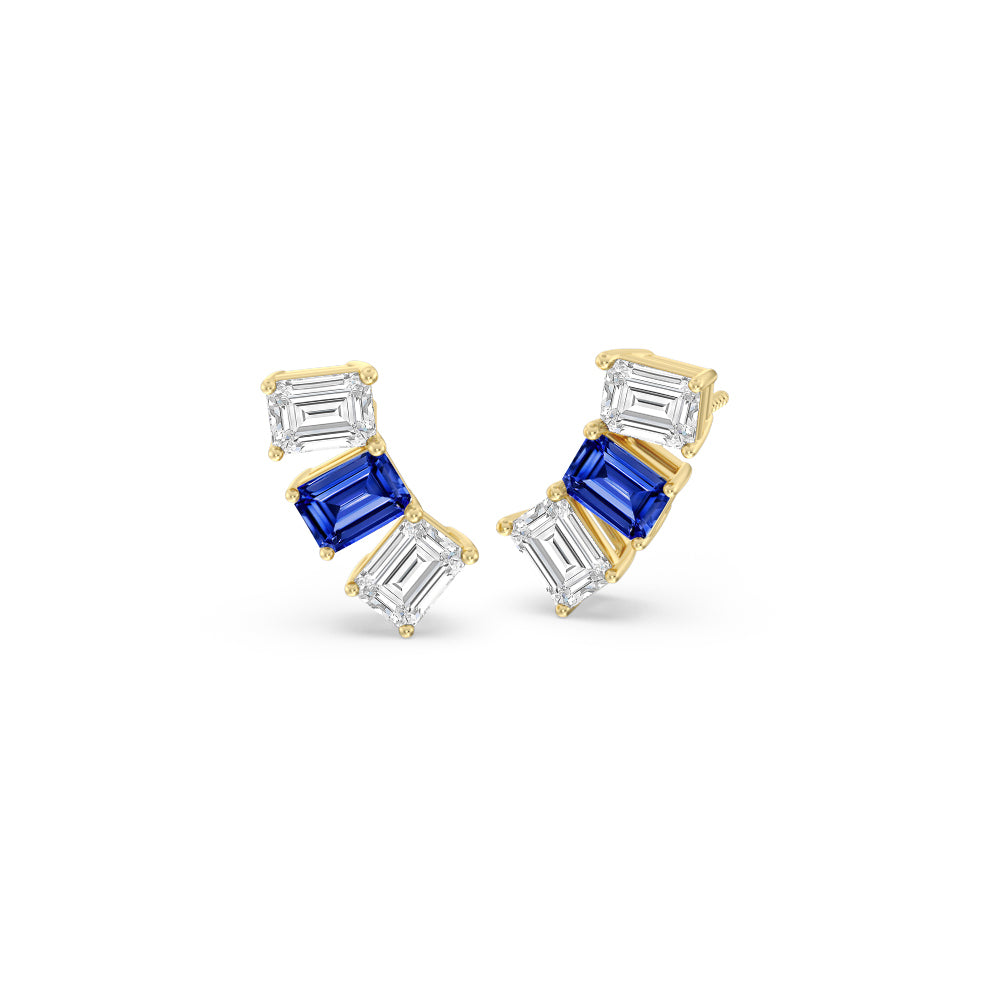 Trilogy Emerald Cut Diamond And Created Sapphire Climber Earrings with 14KT Yellow Gold Cut Diamond in 14KT Yellow Gold view 1
