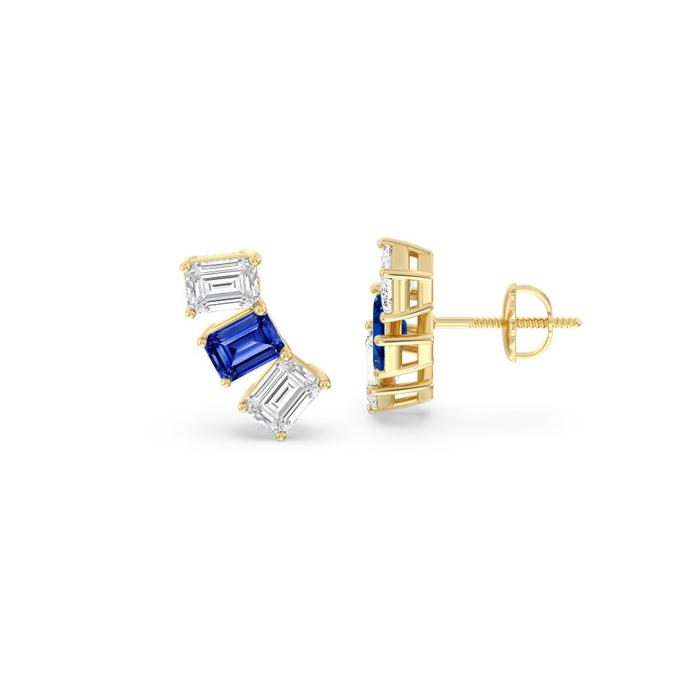 Trilogy Emerald Cut Diamond And Created Sapphire Climber Earrings with 14KT Yellow Gold Cut Diamond in 14KT Yellow Gold view 2
