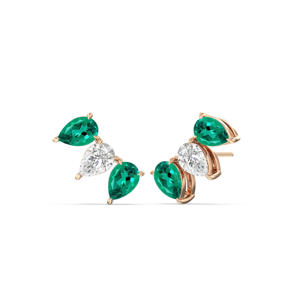 Trilogy Pear Cut Diamond And Created Emerald Climber Earrings with 14KT Rose Gold Cut Diamond in 14KT Rose Gold view 1
