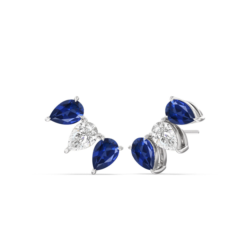 Trilogy Pear Cut Diamond And Created Sapphire Climber Earrings with 14KT White Gold Cut Diamond in 14KT White Gold view 1
