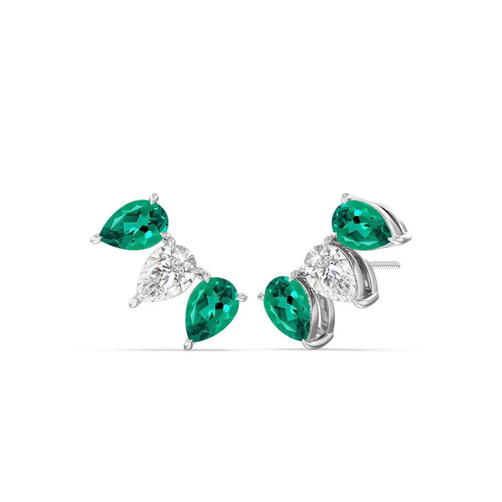 Trilogy Pear Cut Diamond and Created Emerald Climber Earrings with Sterling Silver Cut Diamond in 14KT Sterling Silver view 1
