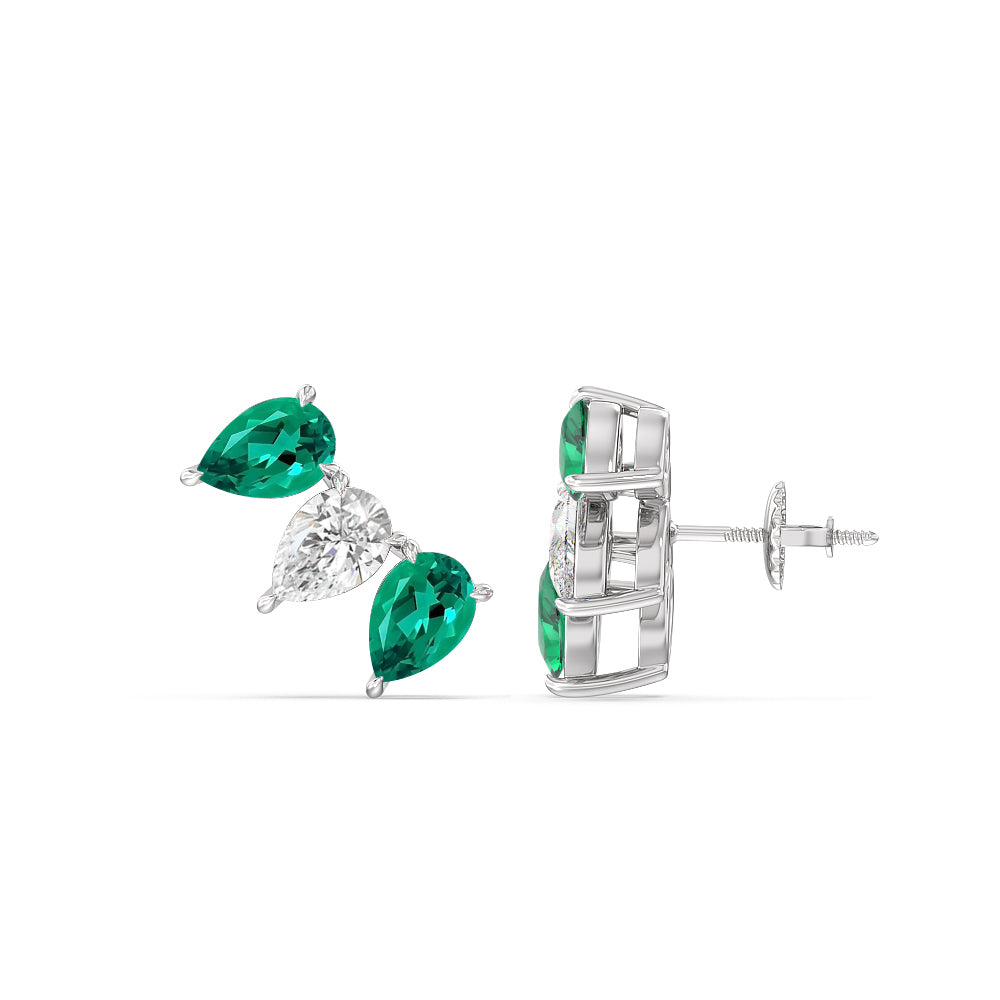 Trilogy Pear Cut Diamond and Created Emerald Climber Earrings with Sterling Silver Cut Diamond in 14KT Sterling Silver view 2
