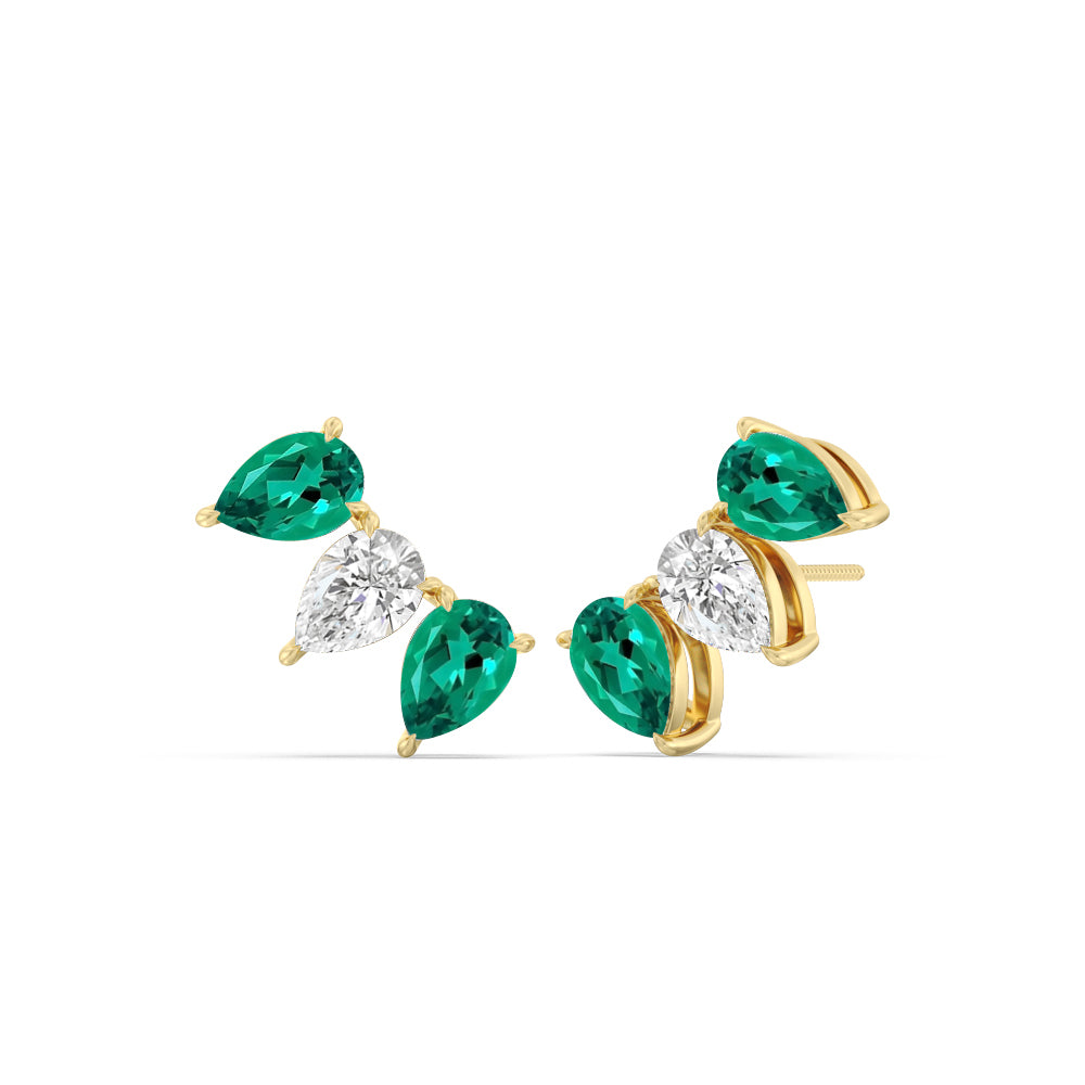 Trilogy Pear Cut Diamond And Created Emerald Climber Earrings with 14KT Yellow Gold Cut Diamond in 14KT Yellow Gold view 1
