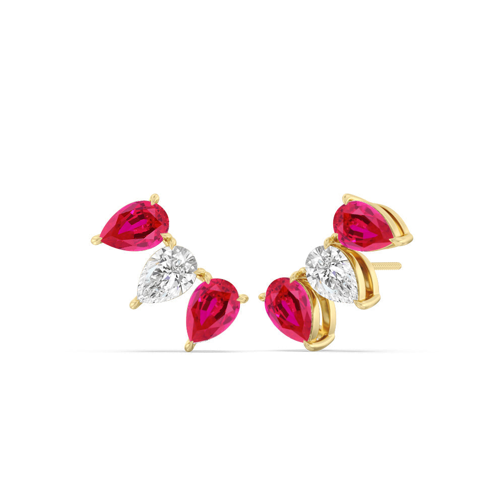Trilogy Pear Cut Diamond And Created Ruby Climber Earrings with 14KT Yellow Gold Cut Diamond in 14KT Yellow Gold view 1
