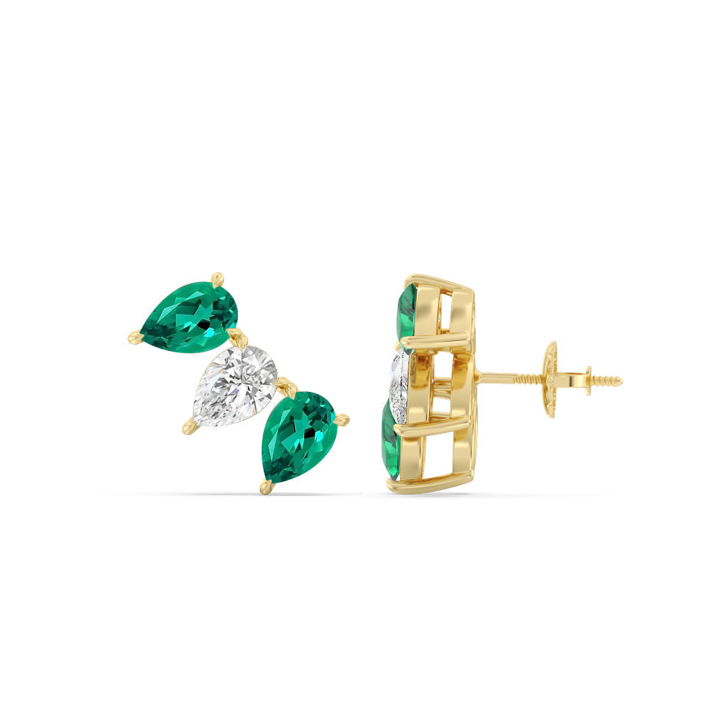 Trilogy Pear Cut Diamond And Created Emerald Climber Earrings with 14KT Yellow Gold Cut Diamond in 14KT Yellow Gold view 2
