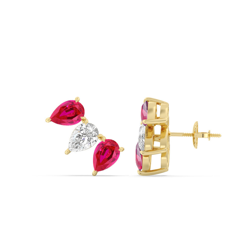 Trilogy Pear Cut Diamond And Created Ruby Climber Earrings with 14KT Yellow Gold Cut Diamond in 14KT Yellow Gold view 2
