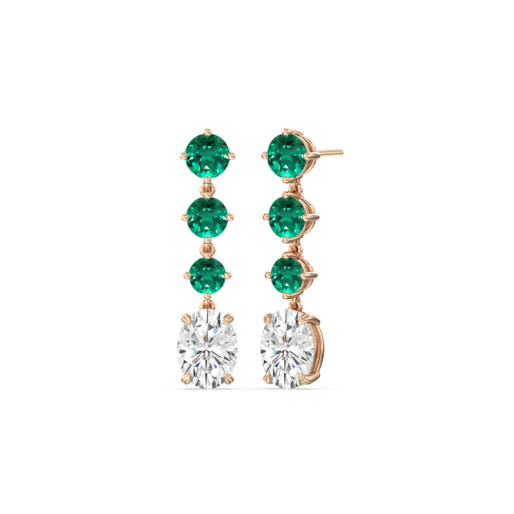 Elegance Oval Diamond And Created Emerald Dangler Earrings with 14KT Rose Gold Cut Diamond in 14KT Rose Gold view 1
