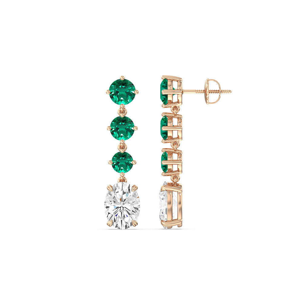 Elegance Oval Diamond And Created Emerald Dangler Earrings with 14KT Rose Gold Cut Diamond in 14KT Rose Gold view 2
