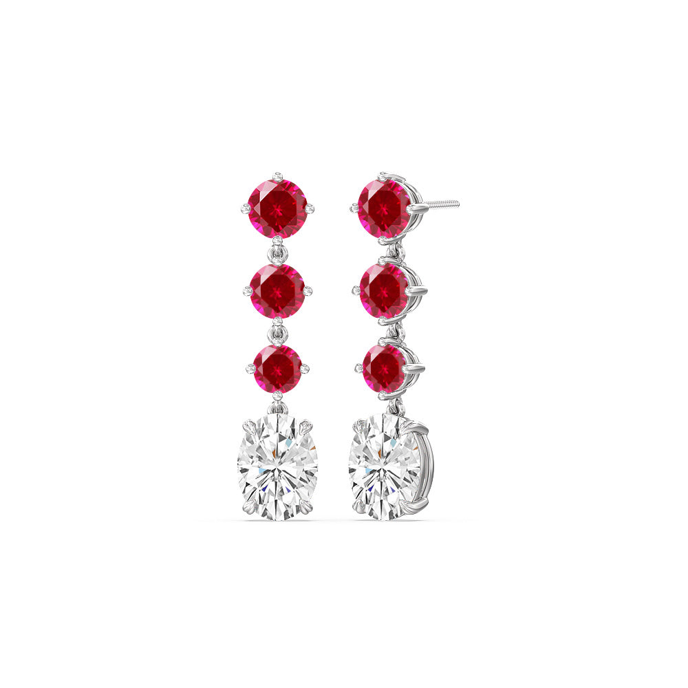 Elegance Oval Diamond And Created Ruby Dangler Earrings with 14KT White Gold Cut Diamond in 14KT White Gold view 1

