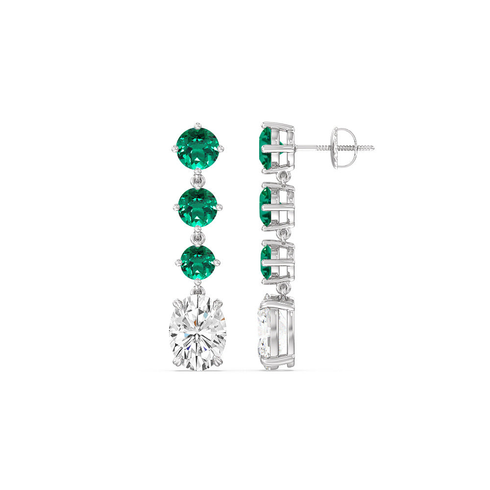 Elegance Oval Diamond And Created Emerald Dangler Earrings with 14KT White Gold Cut Diamond in 14KT White Gold view 2
