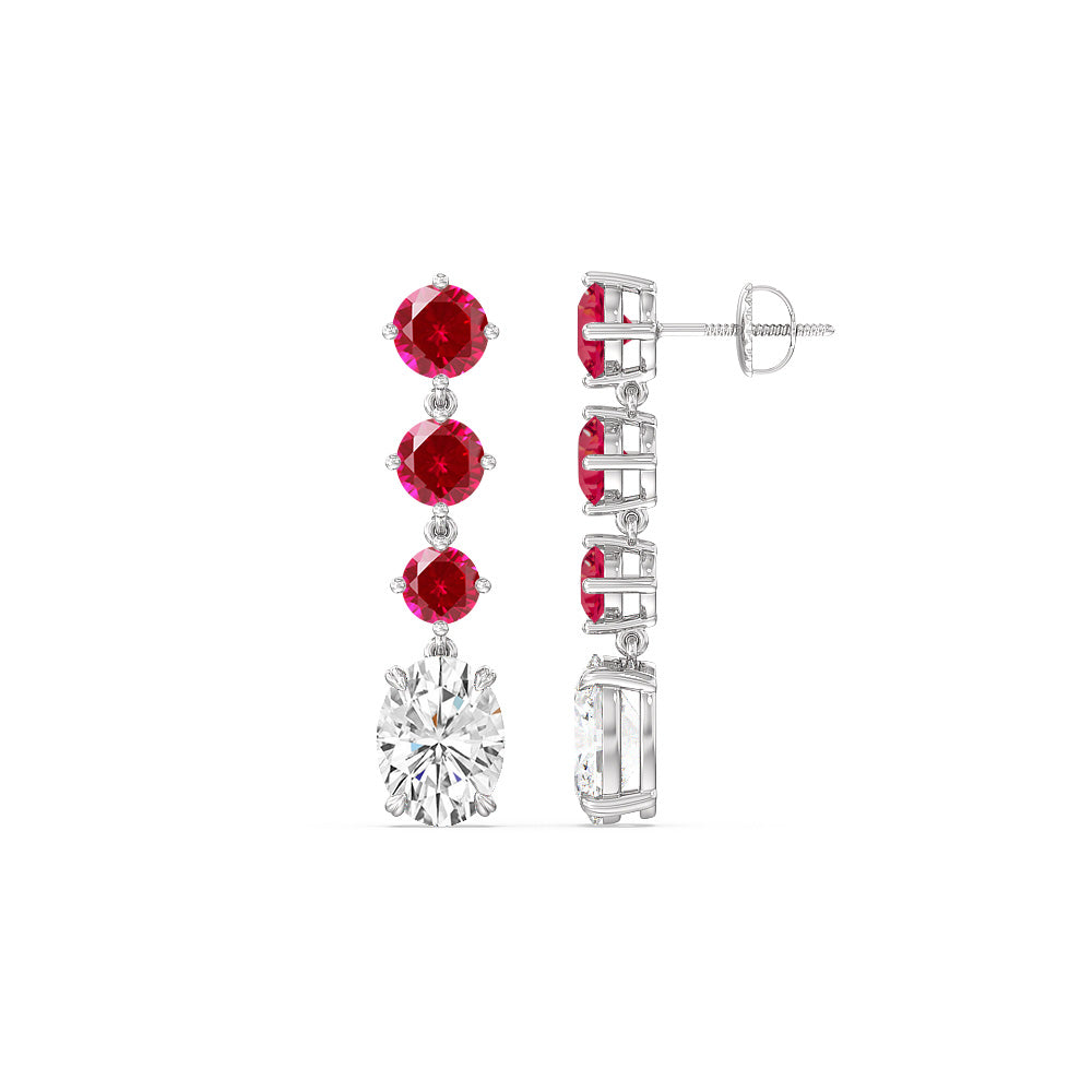 Elegance Oval Diamond And Created Ruby Dangler Earrings with 14KT White Gold Cut Diamond in 14KT White Gold view 2
