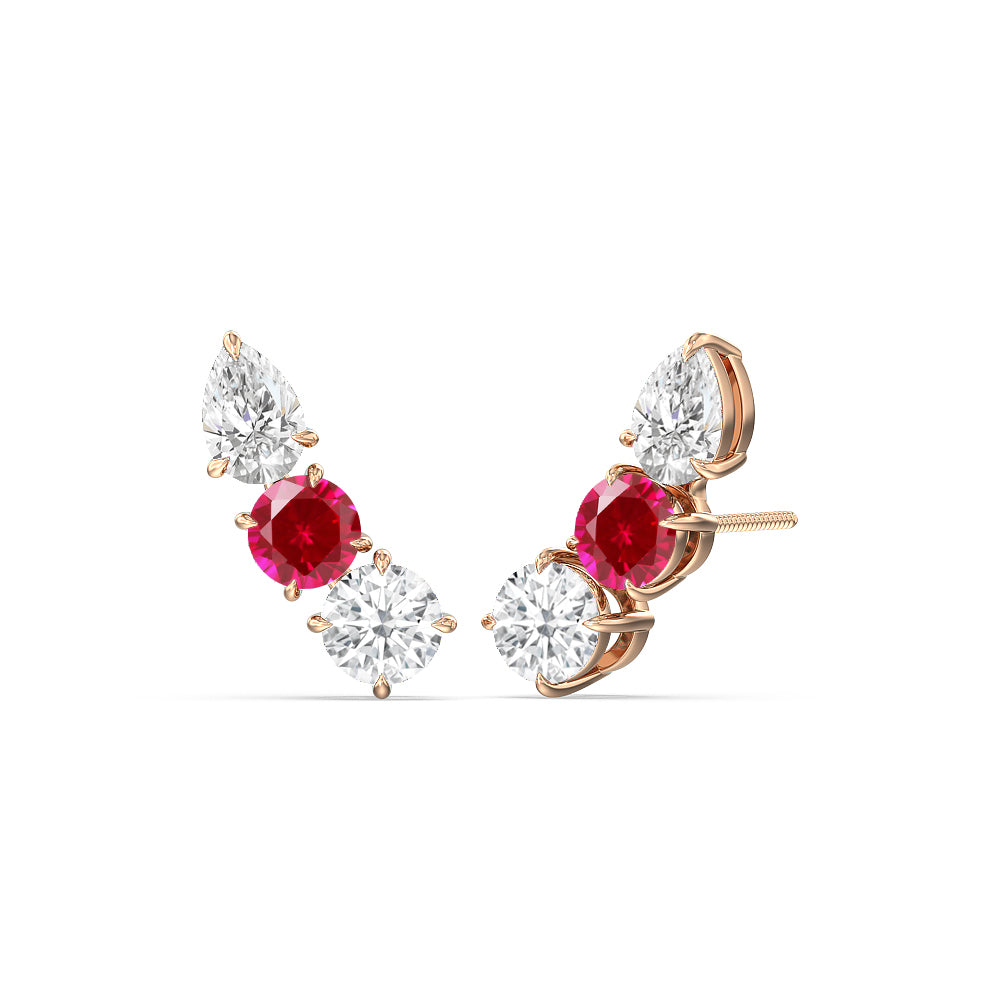 Trilogy Round and Pear Diamond And Created Ruby Climber Earrings with 14KT Rose Gold Cut Diamond in 14KT Rose Gold view 1
