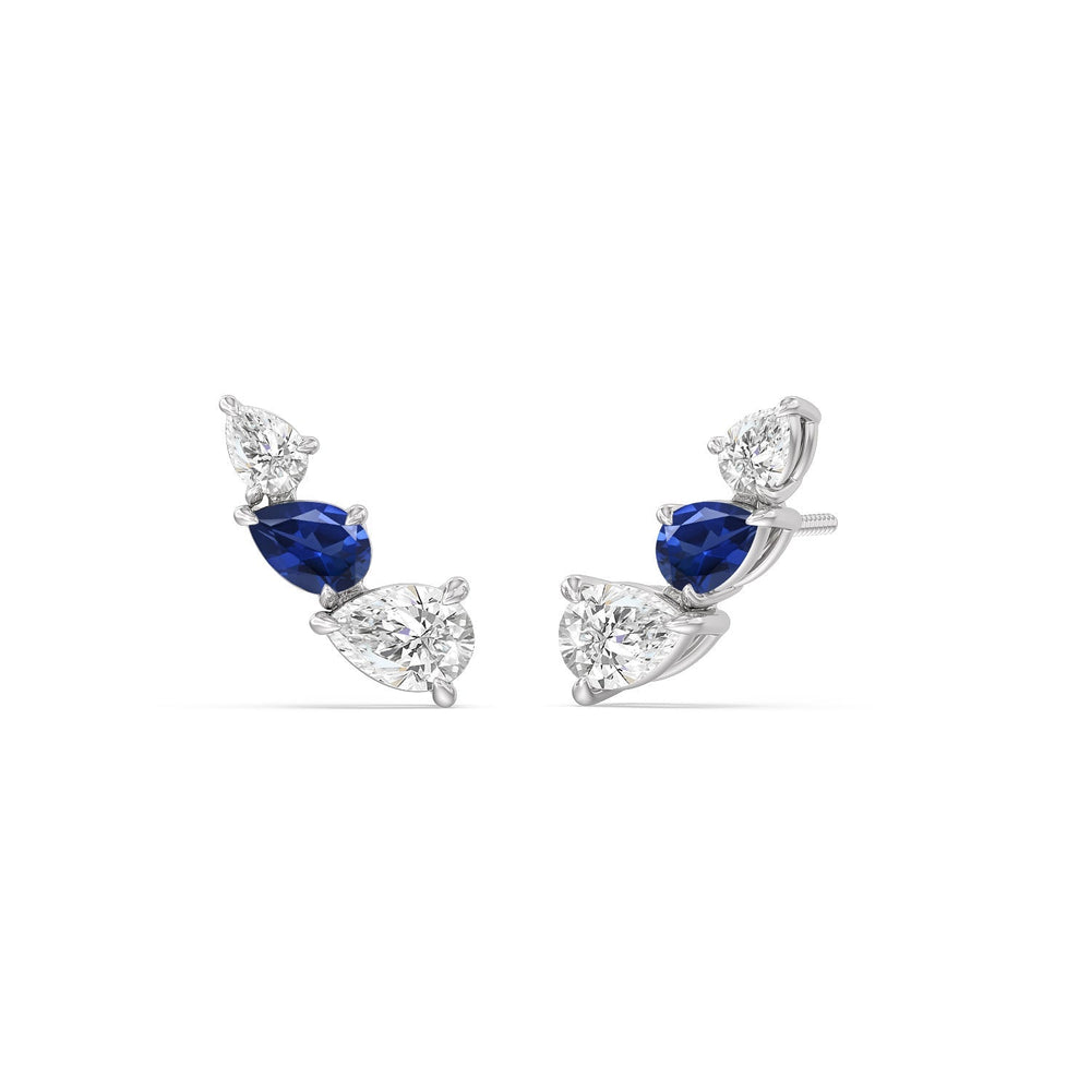 Trilogy Pear Shape Diamond And Created Sapphire Concave Climber Earrings with 14KT White Gold Cut Diamond in 14KT White Gold view 1

