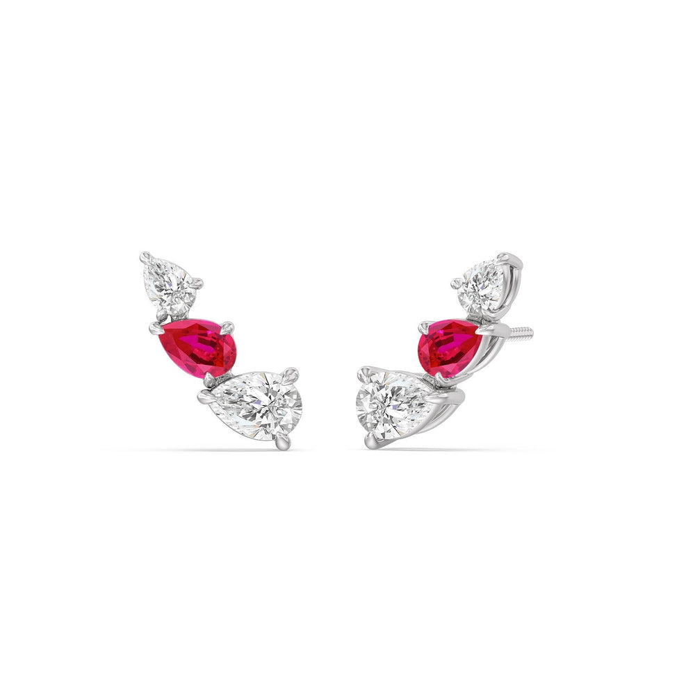 Trilogy Pear Shape Diamond And Created Ruby Concave Climber Earrings with 14KT White Gold Cut Diamond in 14KT White Gold view 1
