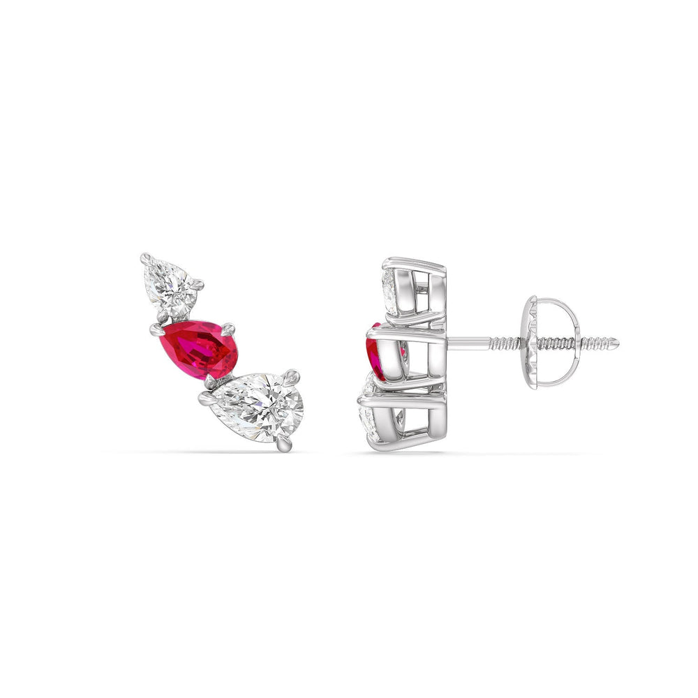 Trilogy Pear Shape Diamond And Created Ruby Concave Climber Earrings with 14KT White Gold Cut Diamond in 14KT White Gold view 2
