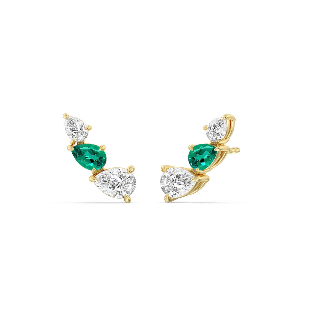 Trilogy Pear Shape Diamond And Created Emerald Concave Climber Earrings with 14KT Yellow Gold Cut Diamond in 14KT Yellow Gold view 1
