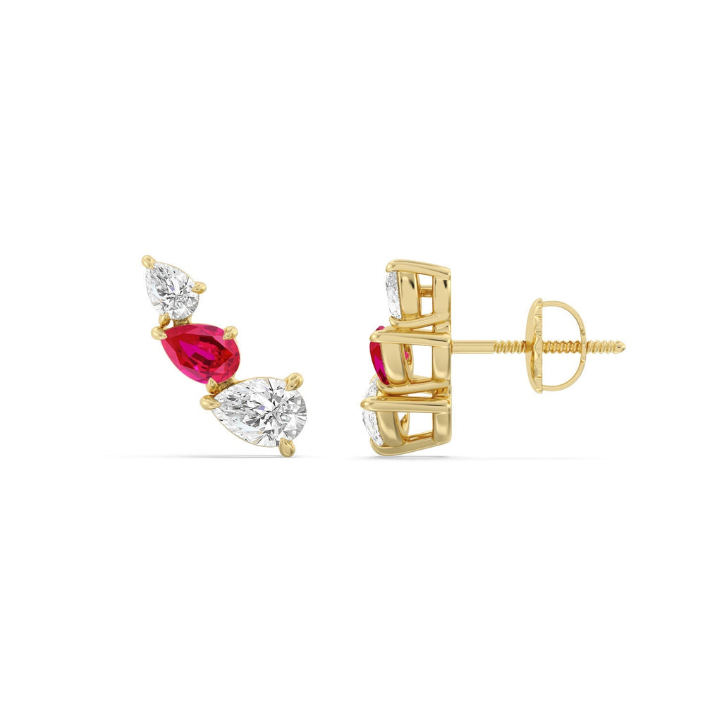 Trilogy Pear Shape Diamond And Created Ruby Concave Climber Earrings with 14KT Yellow Gold Cut Diamond in 14KT Yellow Gold view 2
