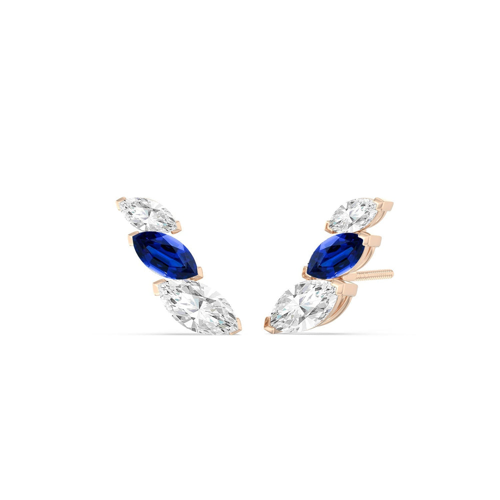 Trilogy Marquise Diamond And Created Sapphire Climber Earrings with 14KT Rose Gold Cut Diamond in 14KT Rose Gold view 1
