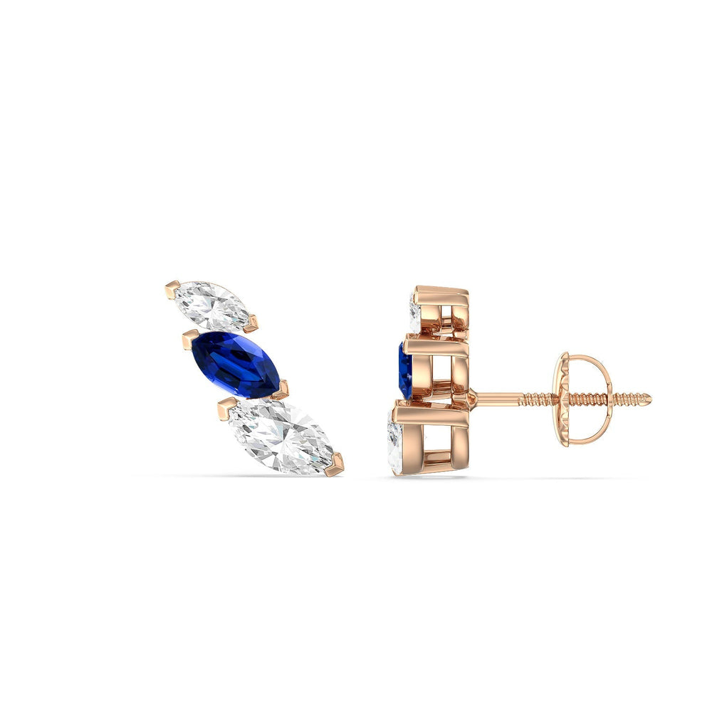 Trilogy Marquise Diamond And Created Sapphire Climber Earrings with 14KT Rose Gold Cut Diamond in 14KT Rose Gold view 2
