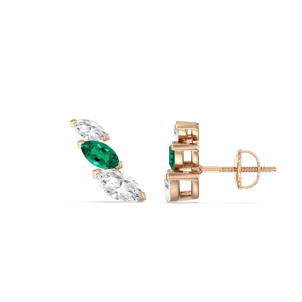 Trilogy Marquise Diamond And Created Emerald Climber Earrings with 14KT Rose Gold Cut Diamond in 14KT Rose Gold view 2

