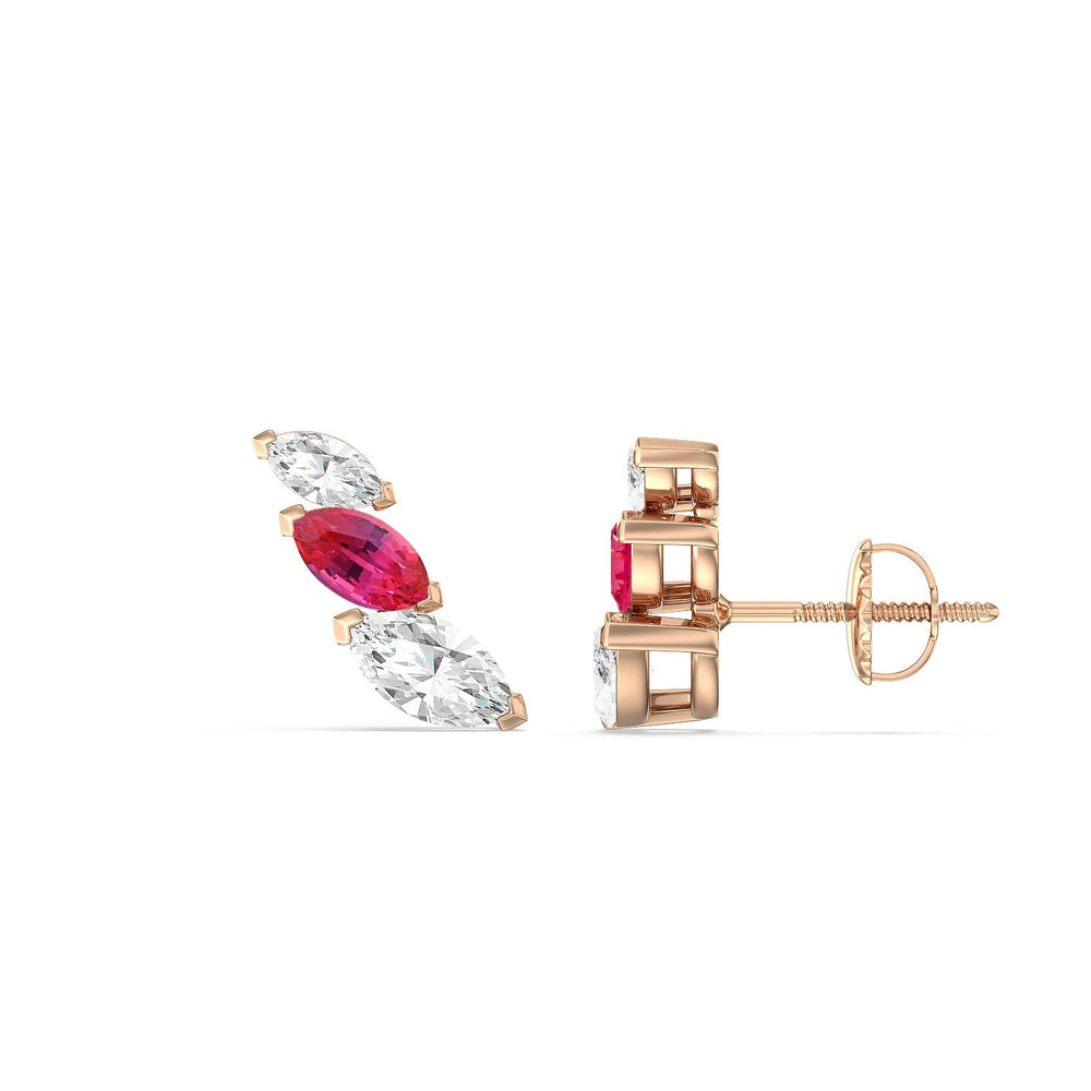 Trilogy Marquise Diamond And Created Ruby Climber Earrings with 14KT Rose Gold Cut Diamond in 14KT Rose Gold view 2
