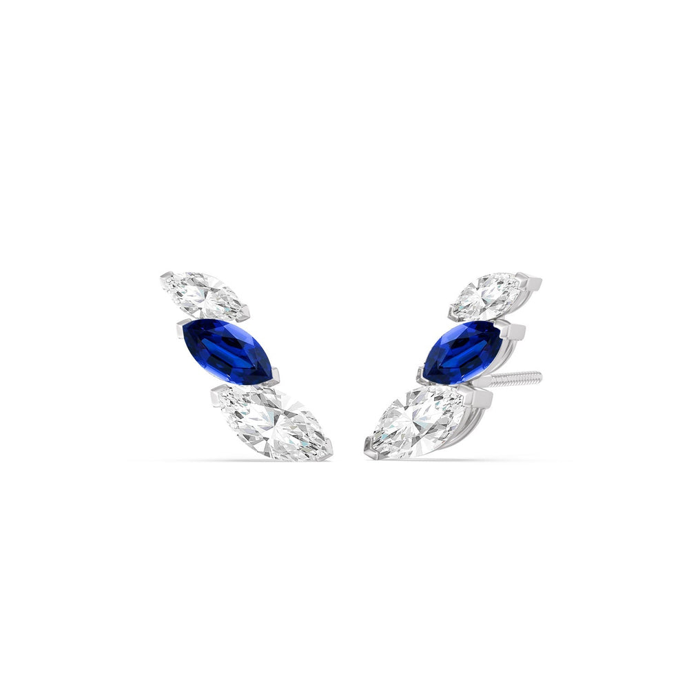 Trilogy Marquise Diamond And Created Sapphire Climber Earrings with 14KT White Gold Cut Diamond in 14KT White Gold view 2
