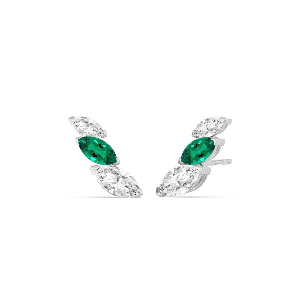 Trilogy Marquise Diamond And Created Emerald Climber Earrings with 14KT White Gold Cut Diamond in 14KT White Gold view 1
