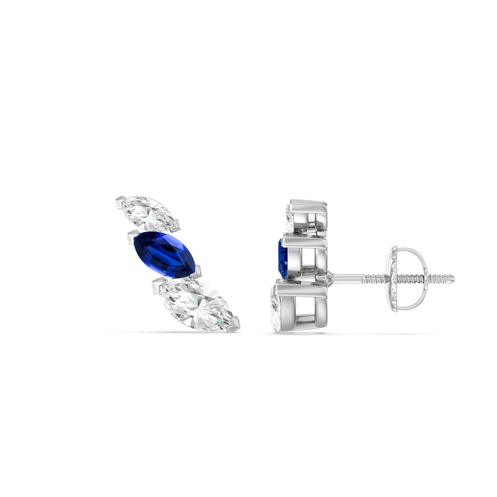 Trilogy Marquise Diamond And Created Sapphire Climber Earrings with 14KT White Gold Cut Diamond in 14KT White Gold view 1
