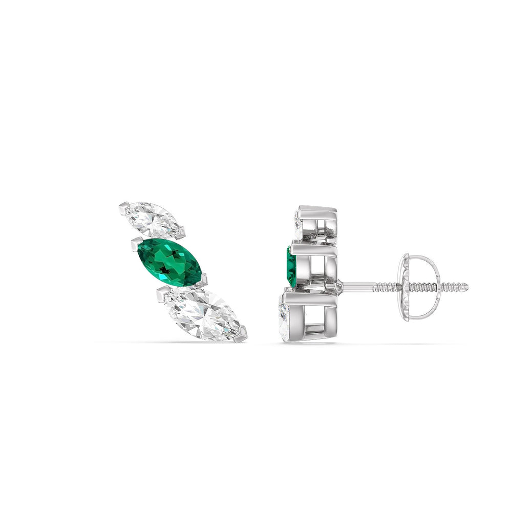 Trilogy Marquise Diamond And Created Emerald Climber Earrings with 14KT White Gold Cut Diamond in 14KT White Gold view 2
