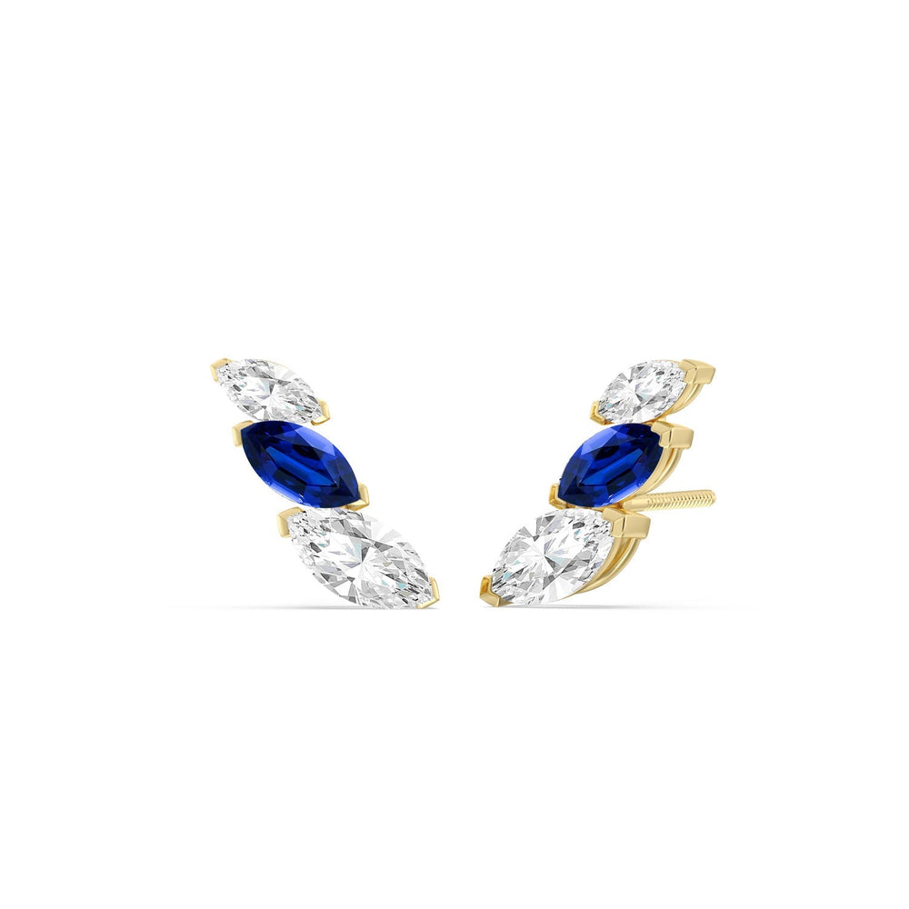 Trilogy Marquise Diamond And Created Sapphire Climber Earrings with 14KT Yellow Gold Cut Diamond in 14KT Yellow Gold view 1
