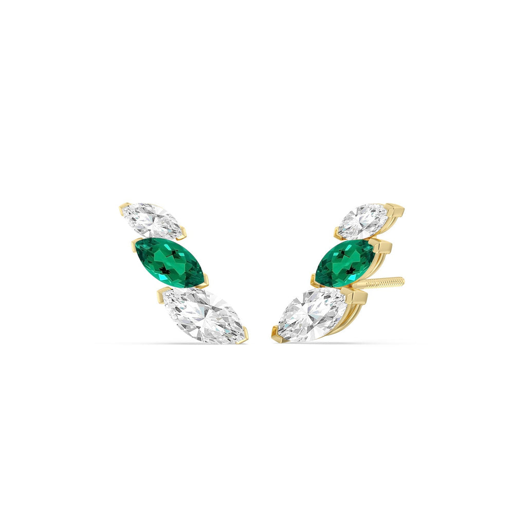 Trilogy Marquise Diamond And Created Emerald Climber Earrings with 14KT Yellow Gold Cut Diamond in 14KT Yellow Gold view 1
