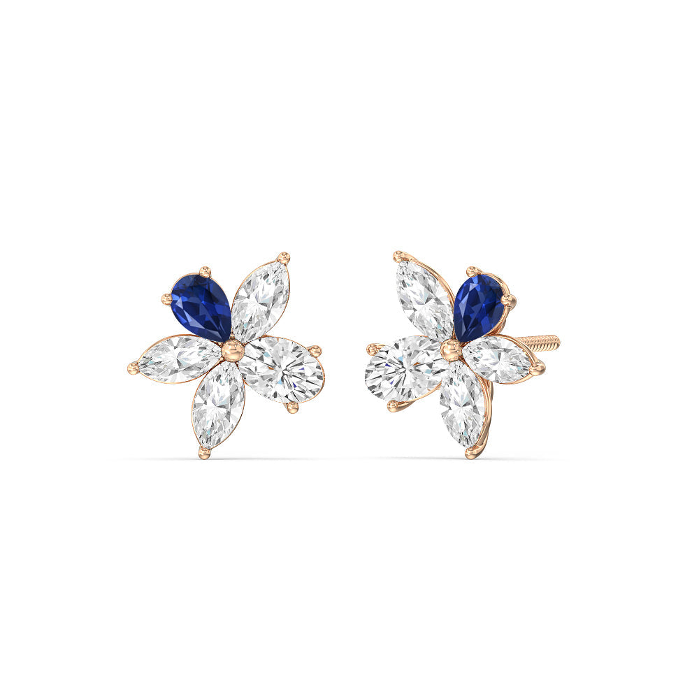 Sapphire Petal Plumeria Studs with 14KT Rose Gold Cut Diamond in 14KT Rose Gold view 1
