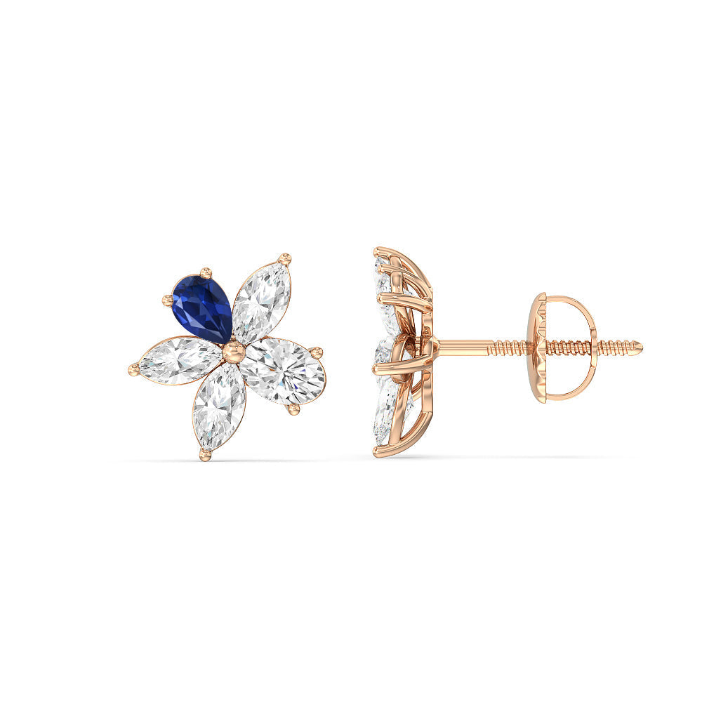 Sapphire Petal Plumeria Studs with 14KT Rose Gold Cut Diamond in 14KT Rose Gold view 2
