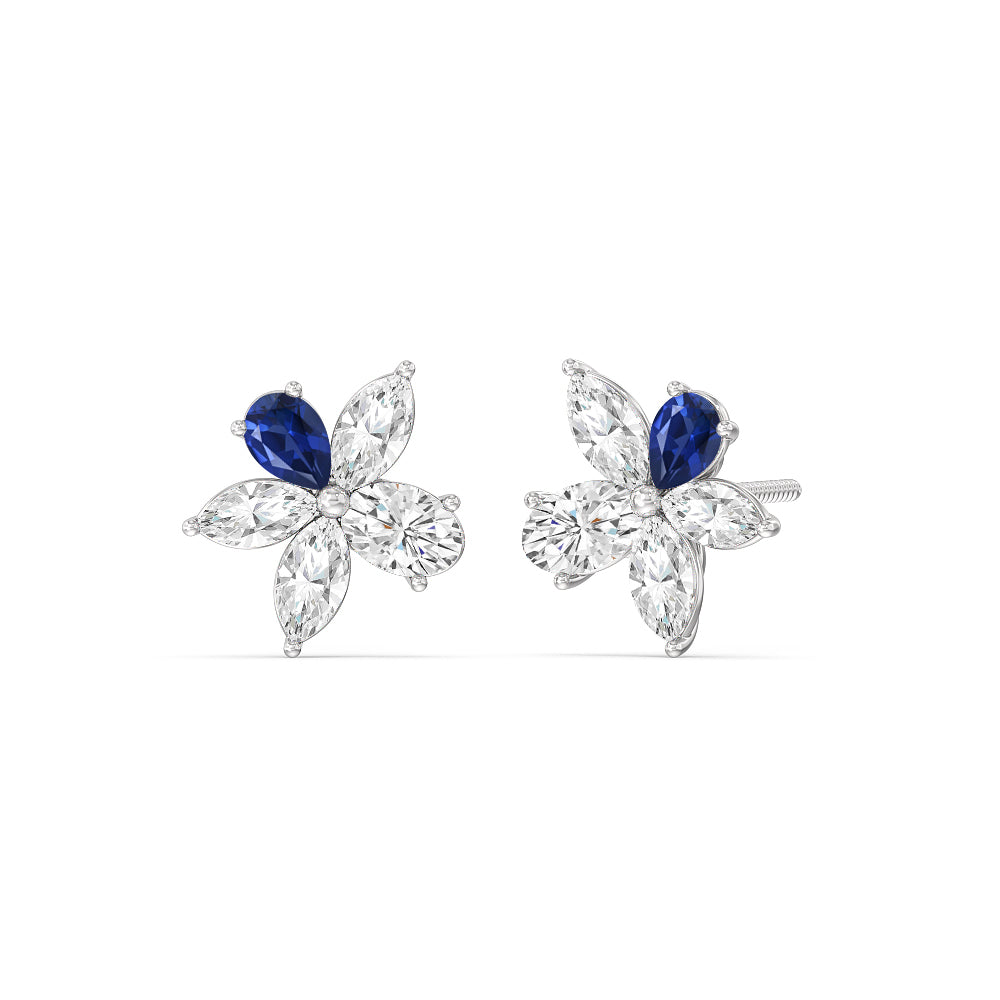 Sapphire Petal Plumeria Studs with 14KT White Gold Cut Diamond in 14KT White Gold view 1

