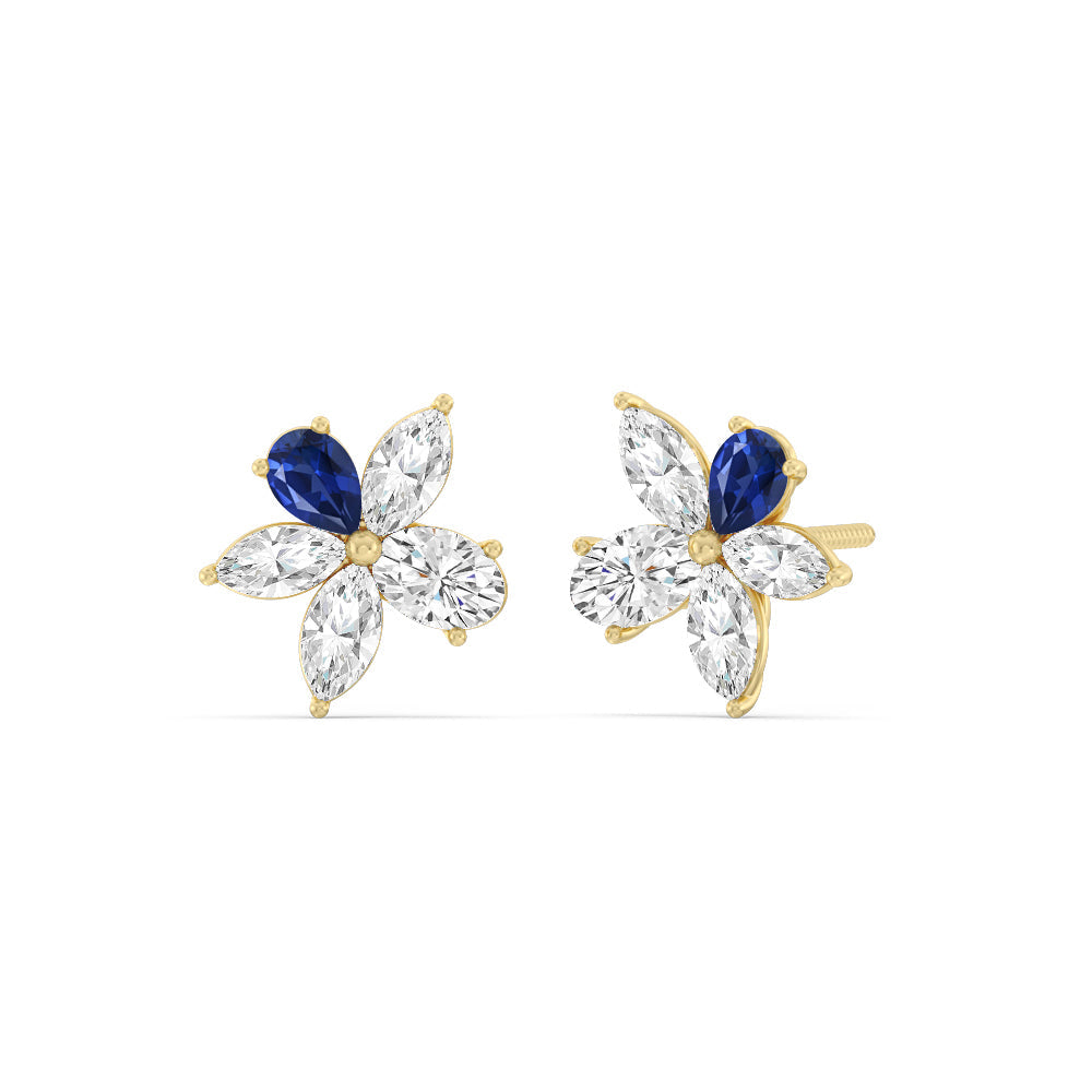 Sapphire Petal Plumeria Studs with 14KT Yellow Gold Cut Diamond in 14KT Yellow Gold view 1
