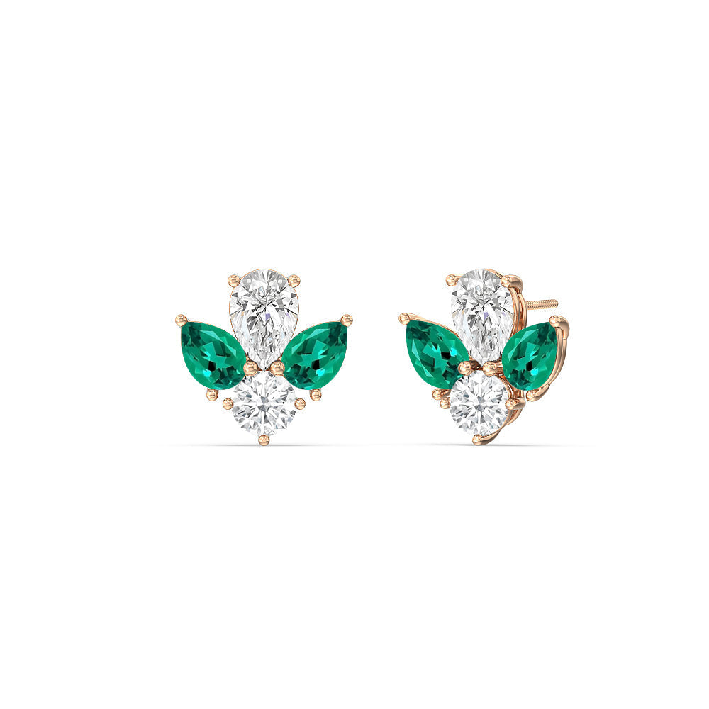 Classic Pear Created Emerald And Round Diamonds Cluster Earrings with 14KT Rose Gold Cut Diamond in 14KT Rose Gold view 1
