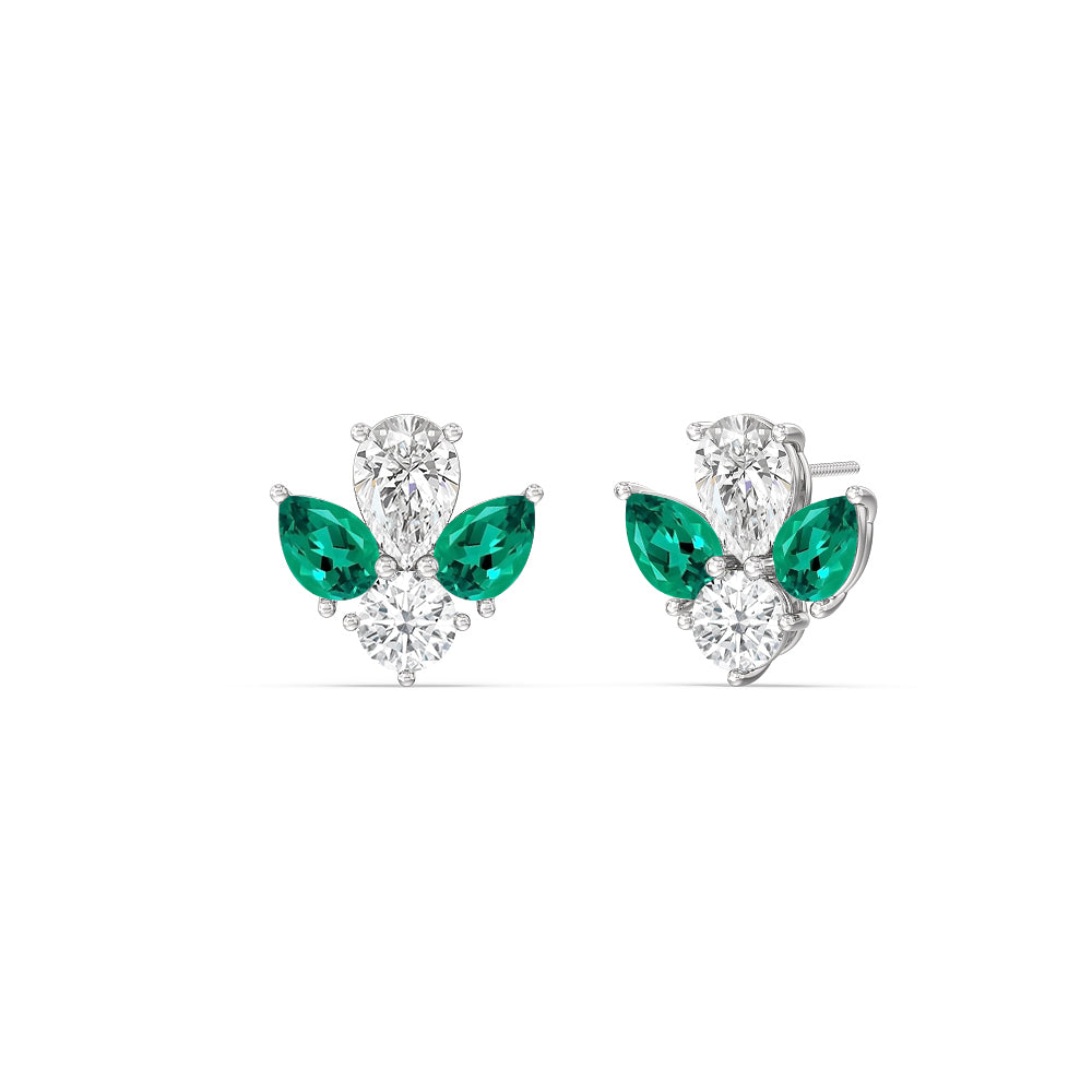Classic Pear Created Emerald And Round Diamonds Cluster Earrings with 14KT White Gold Cut Diamond in 14KT White Gold view 1
