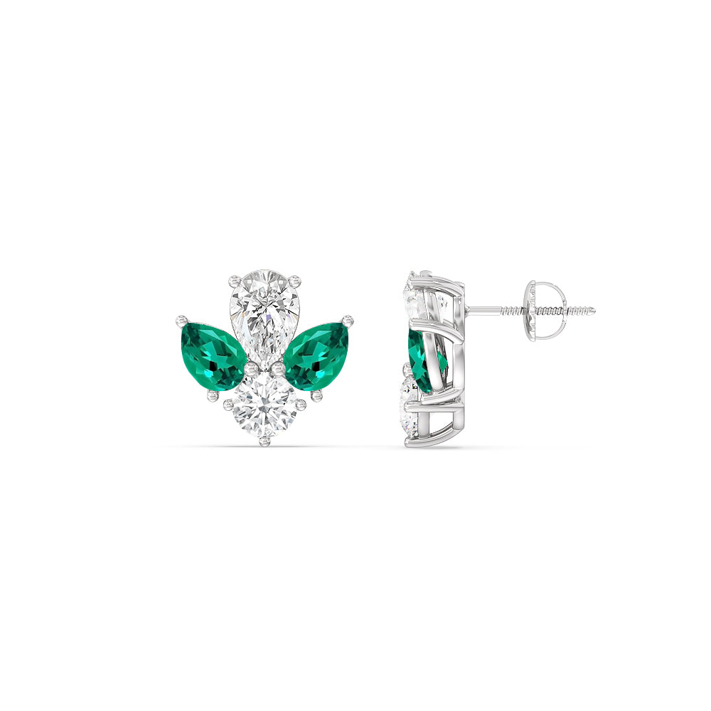 Classic Pear Created Emerald And Round Diamonds Cluster Earrings with 14KT White Gold Cut Diamond in 14KT White Gold view 2
