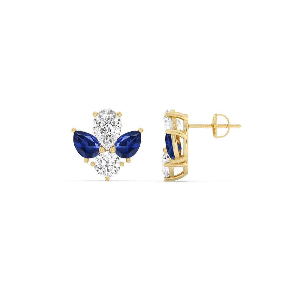Classic Pear Created Sapphire And Round Diamonds Cluster Earrings with 14KT Yellow Gold Cut Diamond in 14KT Yellow Gold view 2
