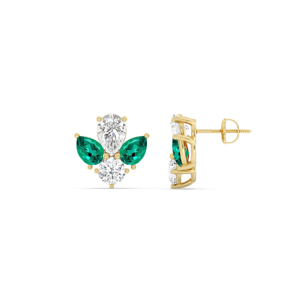 Classic Pear Created Emerald And Round Diamonds Cluster Earrings with 14KT Yellow Gold Cut Diamond in 14KT Yellow Gold view 2

