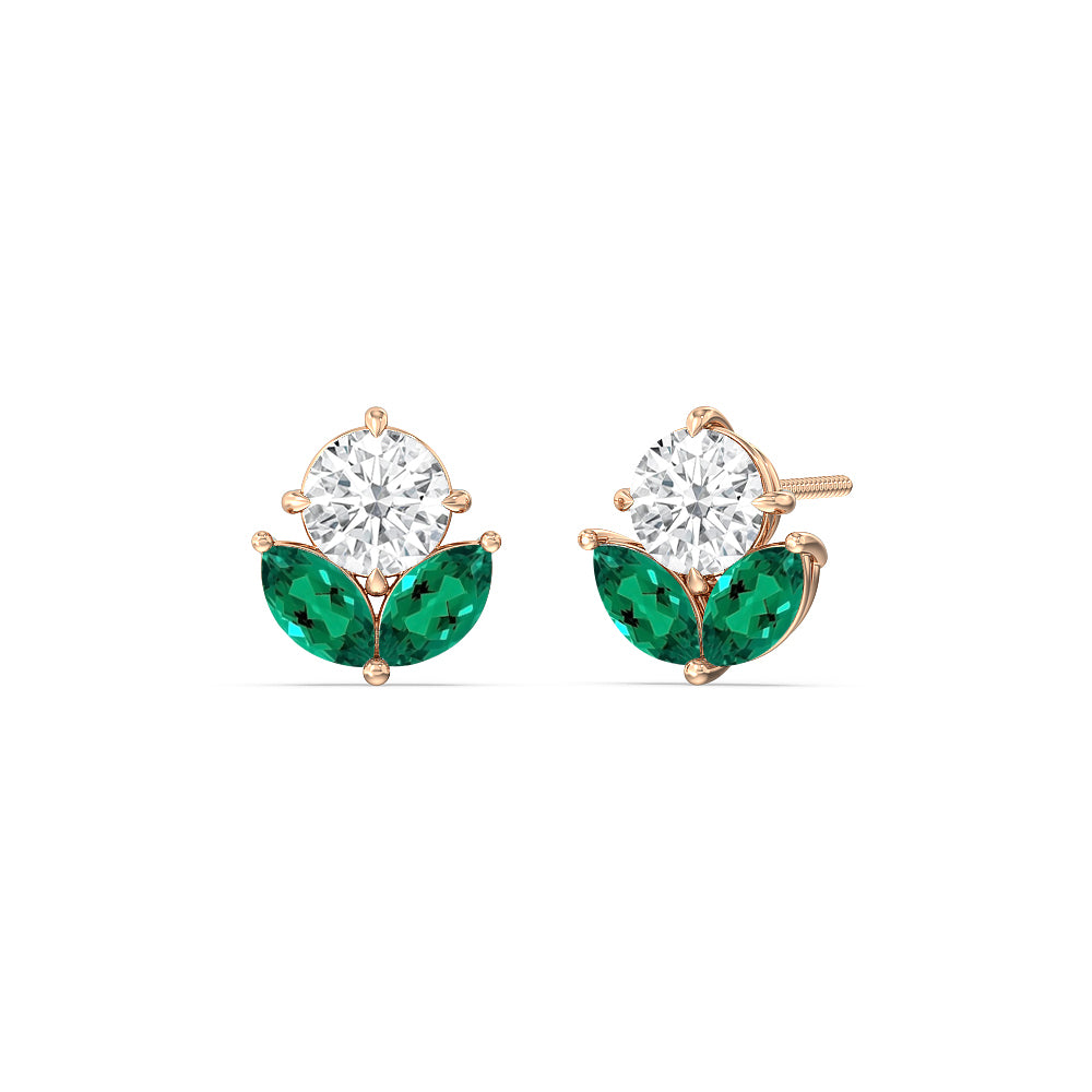 Classic Kite Set Round Diamond And Marquise Created Emerald Earring with 14KT Rose Gold Cut Diamond in 14KT Rose Gold view 1
