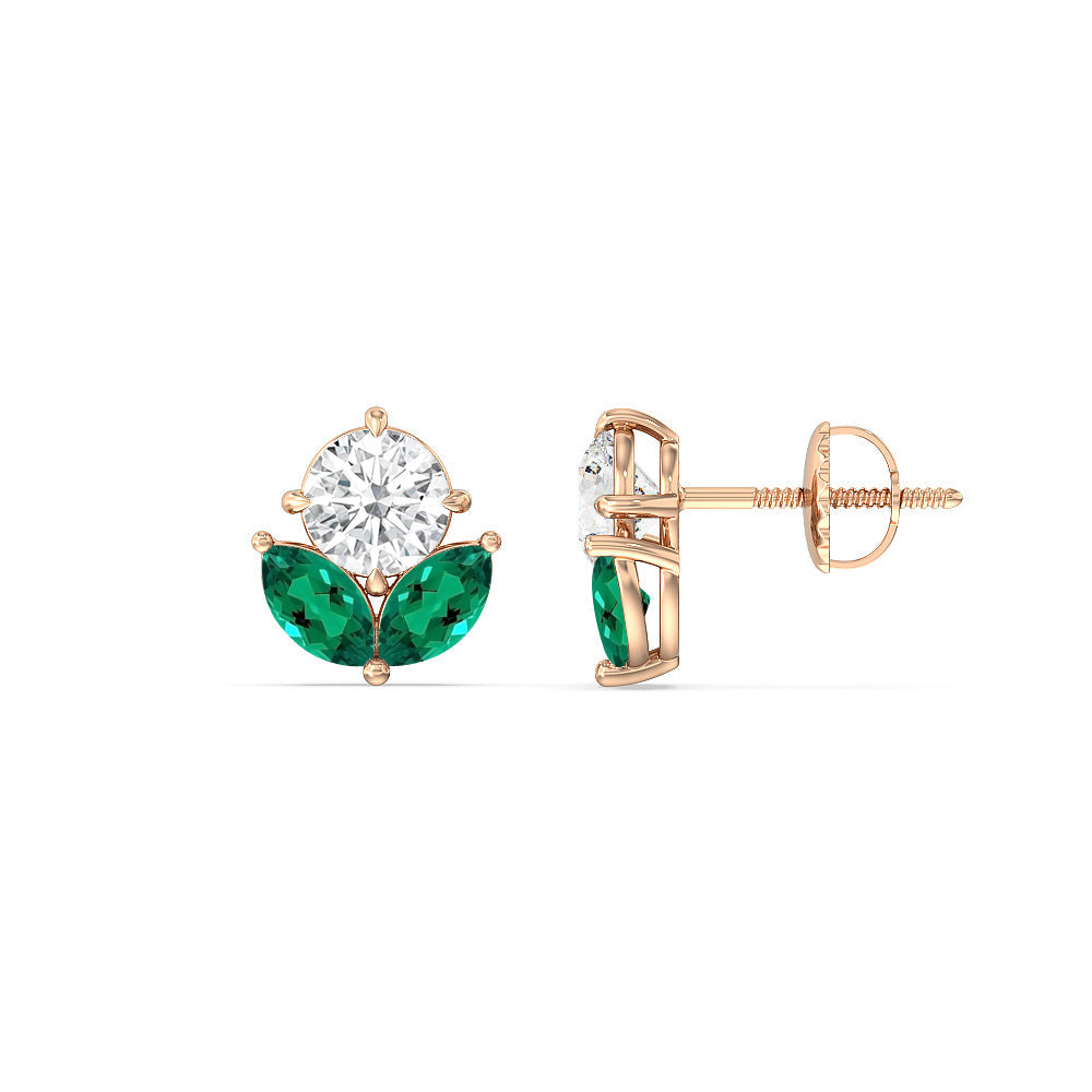 Classic Kite Set Round Diamond And Marquise Created Emerald Earring with 14KT Rose Gold Cut Diamond in 14KT Rose Gold view 2
