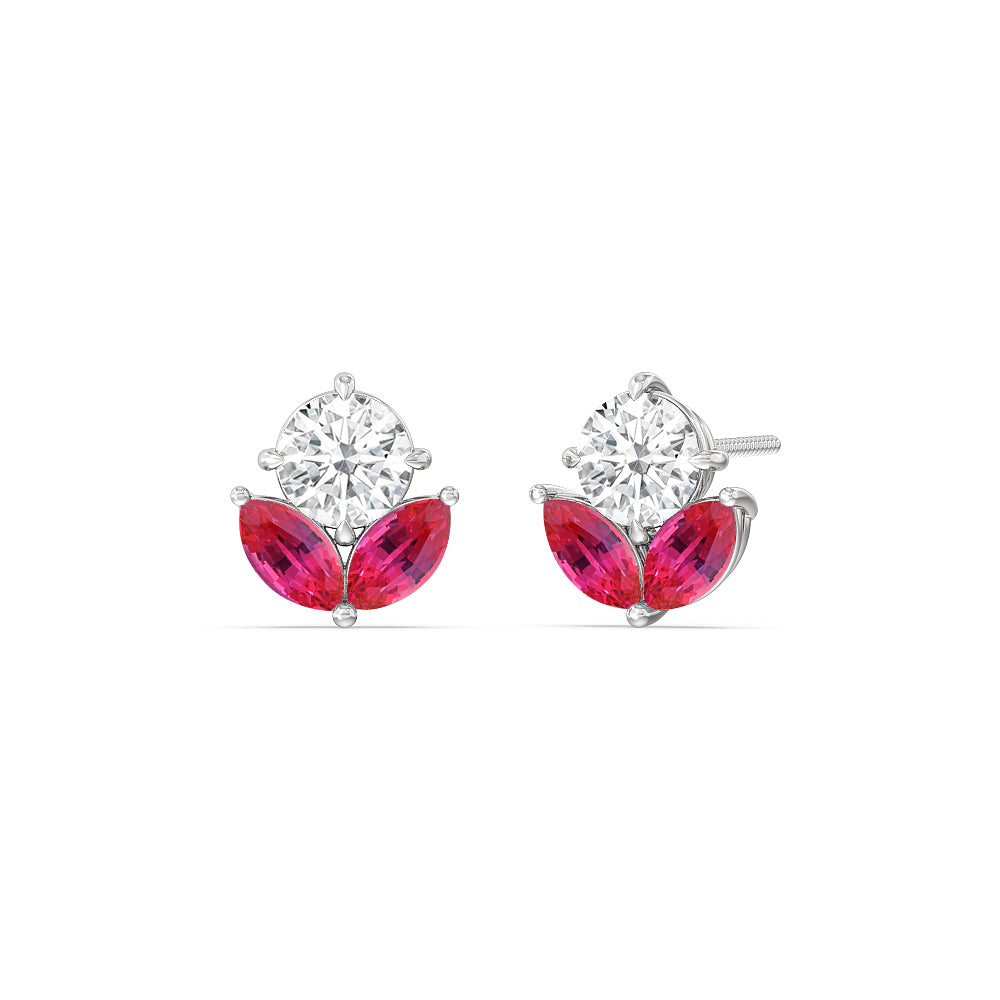 Ruby Tulip Studs with Sterling Silver Cut Diamond in 14KT Sterling Silver view 1
