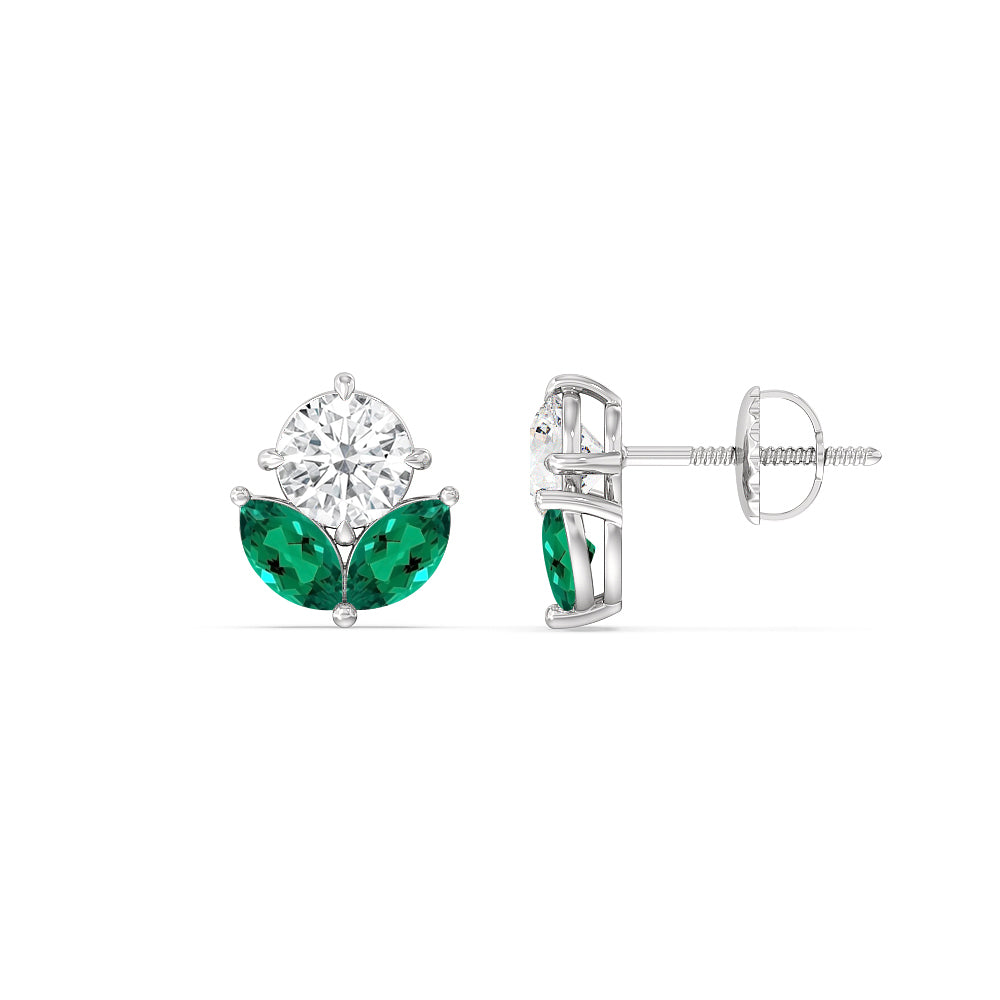 Classic Kite Set Round Diamond And Marquise Created Emerald Earring with 14KT White Gold Cut Diamond in 14KT White Gold view 2
