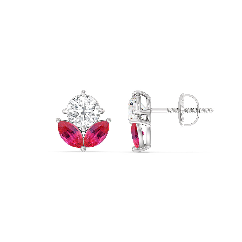 Ruby Tulip Studs with Sterling Silver Cut Diamond in 14KT Sterling Silver view 2
