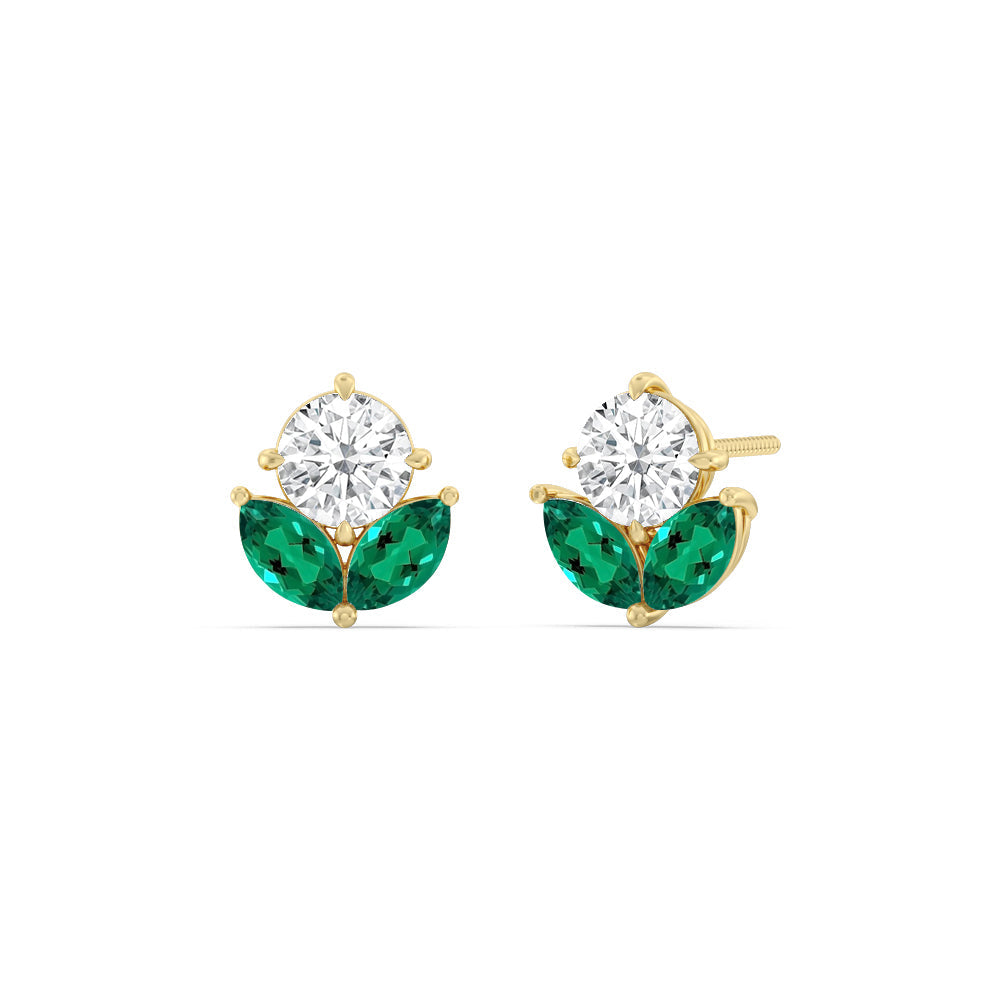 Classic Kite Set Round Diamond And Marquise Created Emerald Earring with 14KT Yellow Gold Cut Diamond in 14KT Yellow Gold view 1

